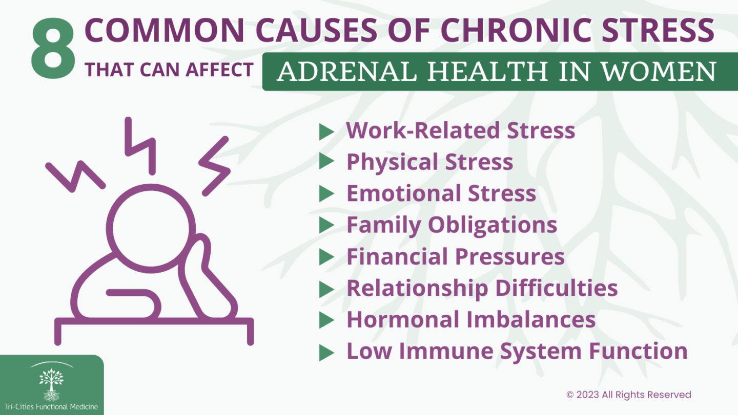 8 common causes of chronic stress that can effect adrenal health in women infographic